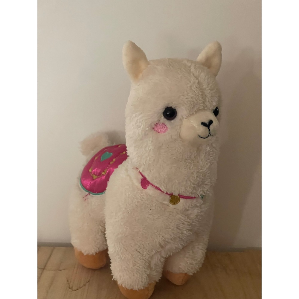 White Llama Alpaca Animal Plush Stuffed Toy Pink Saddle Embroidered Pink Cheeks - Picture 5 of 11